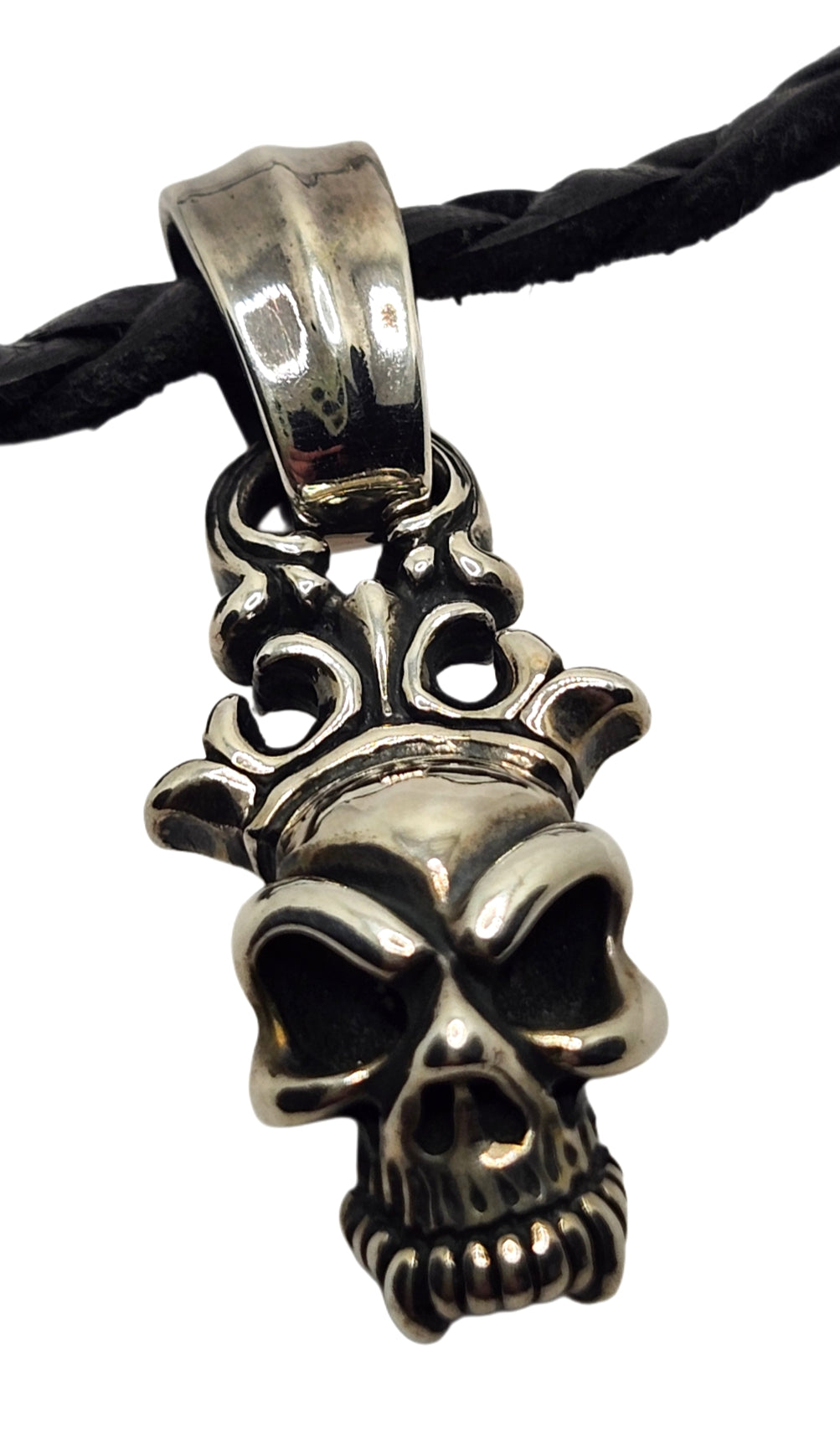 BWL Bill Wall Leather Sterling Half Skull w/ Crown Pendant on Braided Necklace image 2
