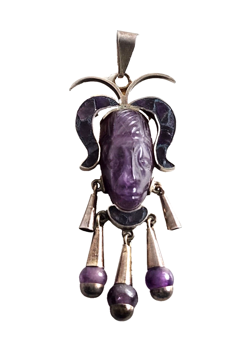 Taxco Mexico Sterling Silver Amethyst Aztec Mayan Tribal Carved Mask Pendant image 1