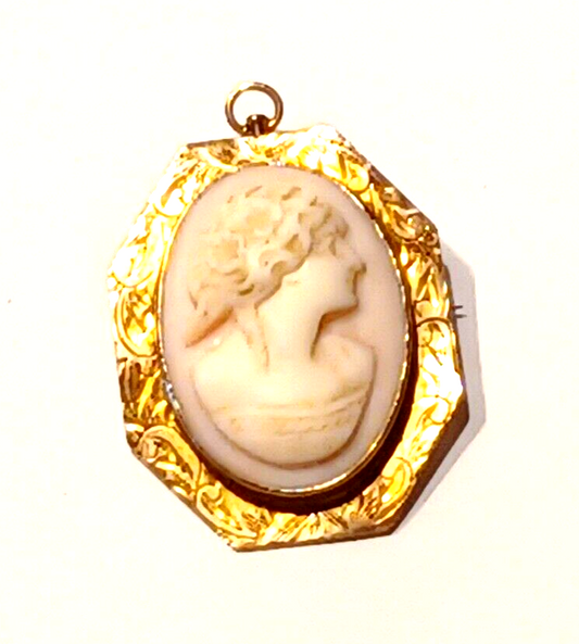 Gorgeous Antique Pin Coral Cameo & 10k Yellow Gold Scroll Pendant Pin image 0