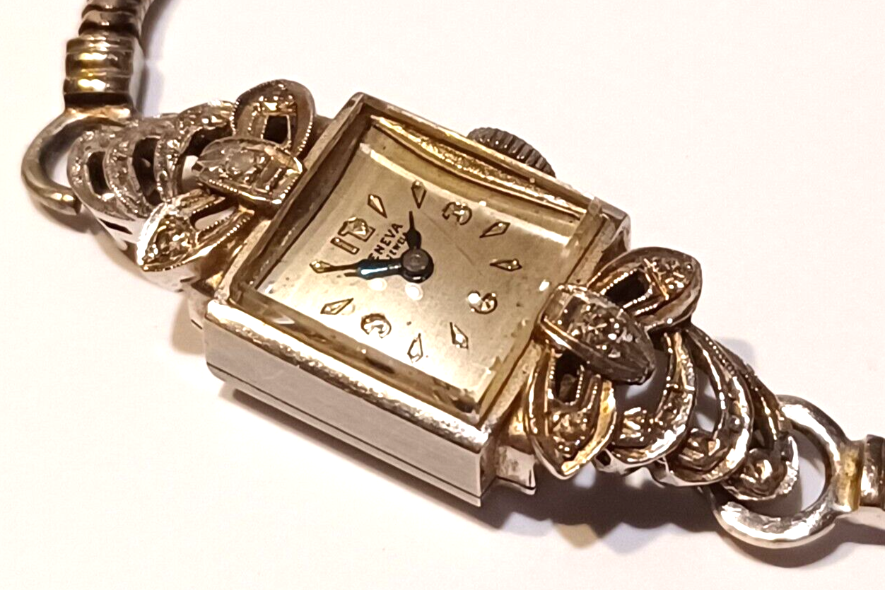 Antique Diamond Ladies Geneva 17J Manual Wind 14K White Gold Watch & Band image 4