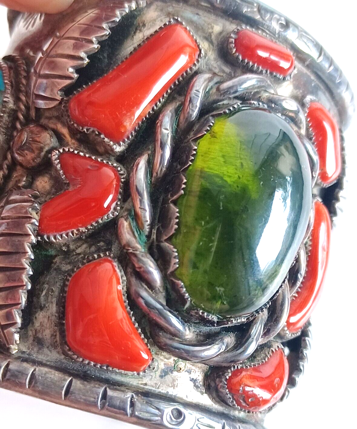 Lg Native American Green Amber Turq & Coral Sterling Cuff Bracelet Wilford Chee image 6