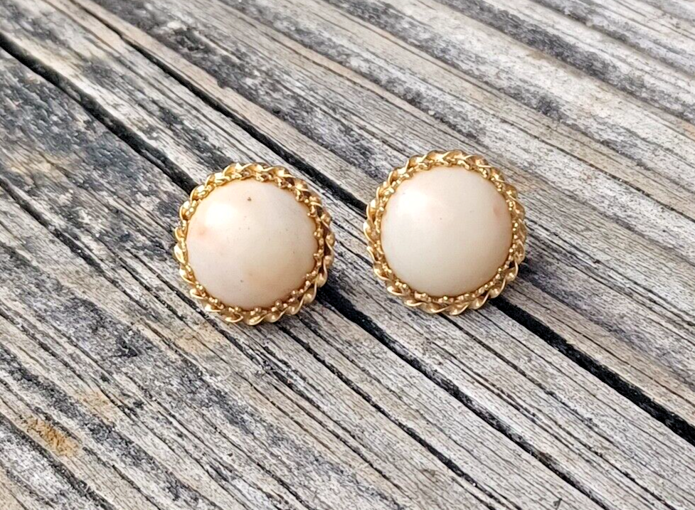 Genuine 13MM Natural Angel Skin Coral 14k Yellow Gold Omega Back Earrings image 1
