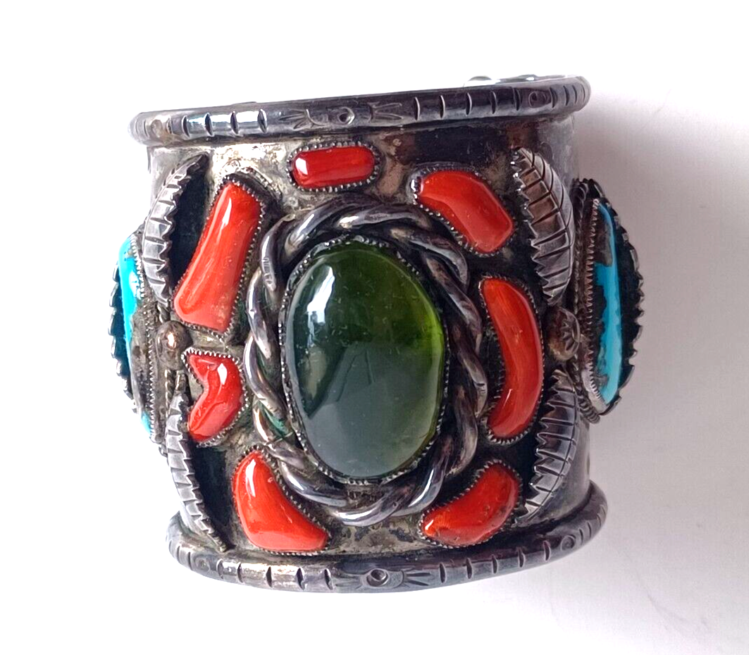 Lg Native American Green Amber Turq & Coral Sterling Cuff Bracelet Wilford Chee image 1