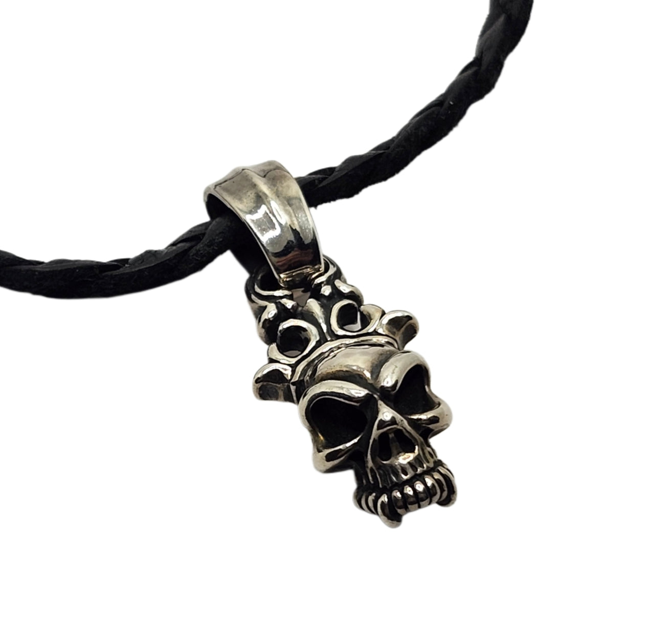 BWL Bill Wall Leather Sterling Half Skull w/ Crown Pendant on Braided Necklace image 1
