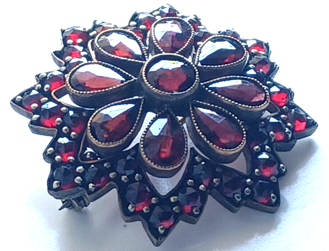 Gorgeous Antique Bohemian Garnet & Sterling Silver Vermeil Brooch Pin image 2