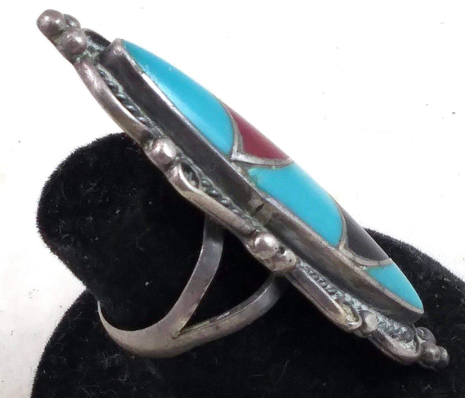 Vintage Navajo Long Sterling Turquoise Onyx & Coral Inlaid Ring Signed MT image 3
