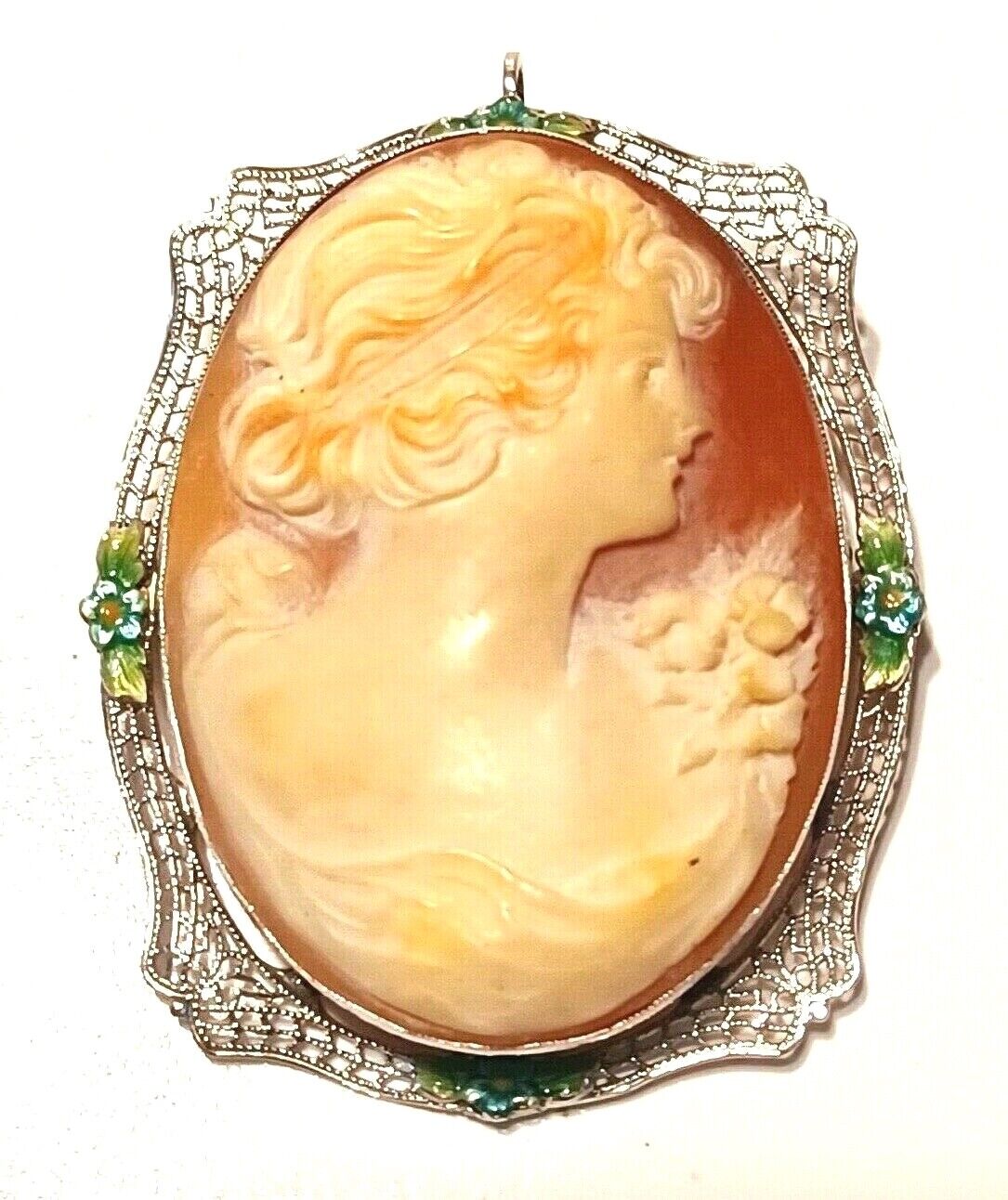 Antique Victorian Estate 14K White Gold Filigree Shell Cameo Pin Pendant Enamel image 1