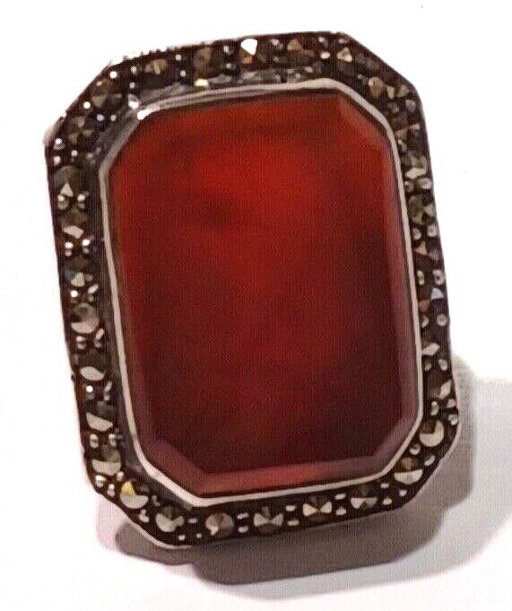 Antique Vintage Carnelian & Marcasite Sterling Silver Ring image 2