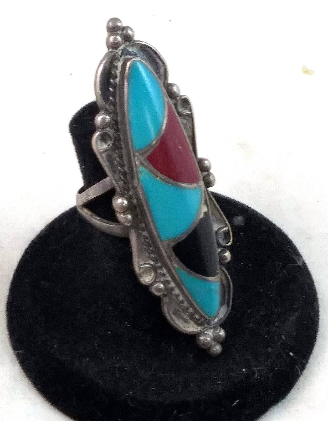 Vintage Navajo Long Sterling Turquoise Onyx & Coral Inlaid Ring Signed MT image 2