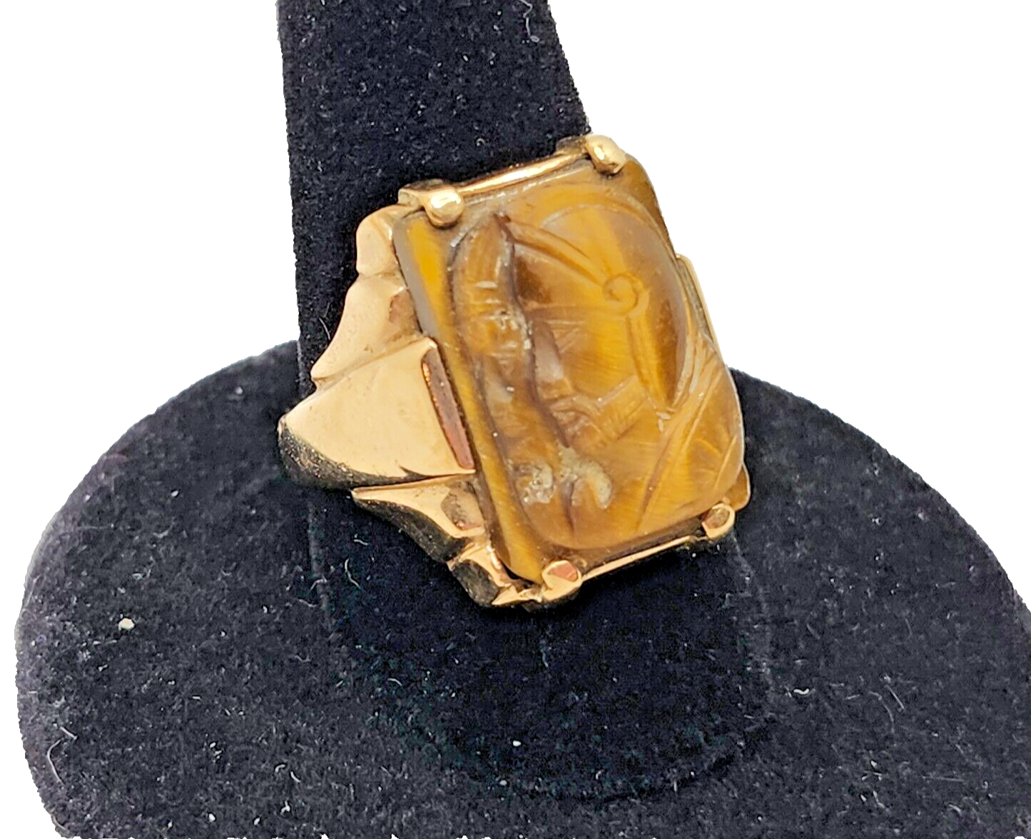 Men's Antique Carved Tigers Eye Intaglio 10K Yellow Gold Ring image 1