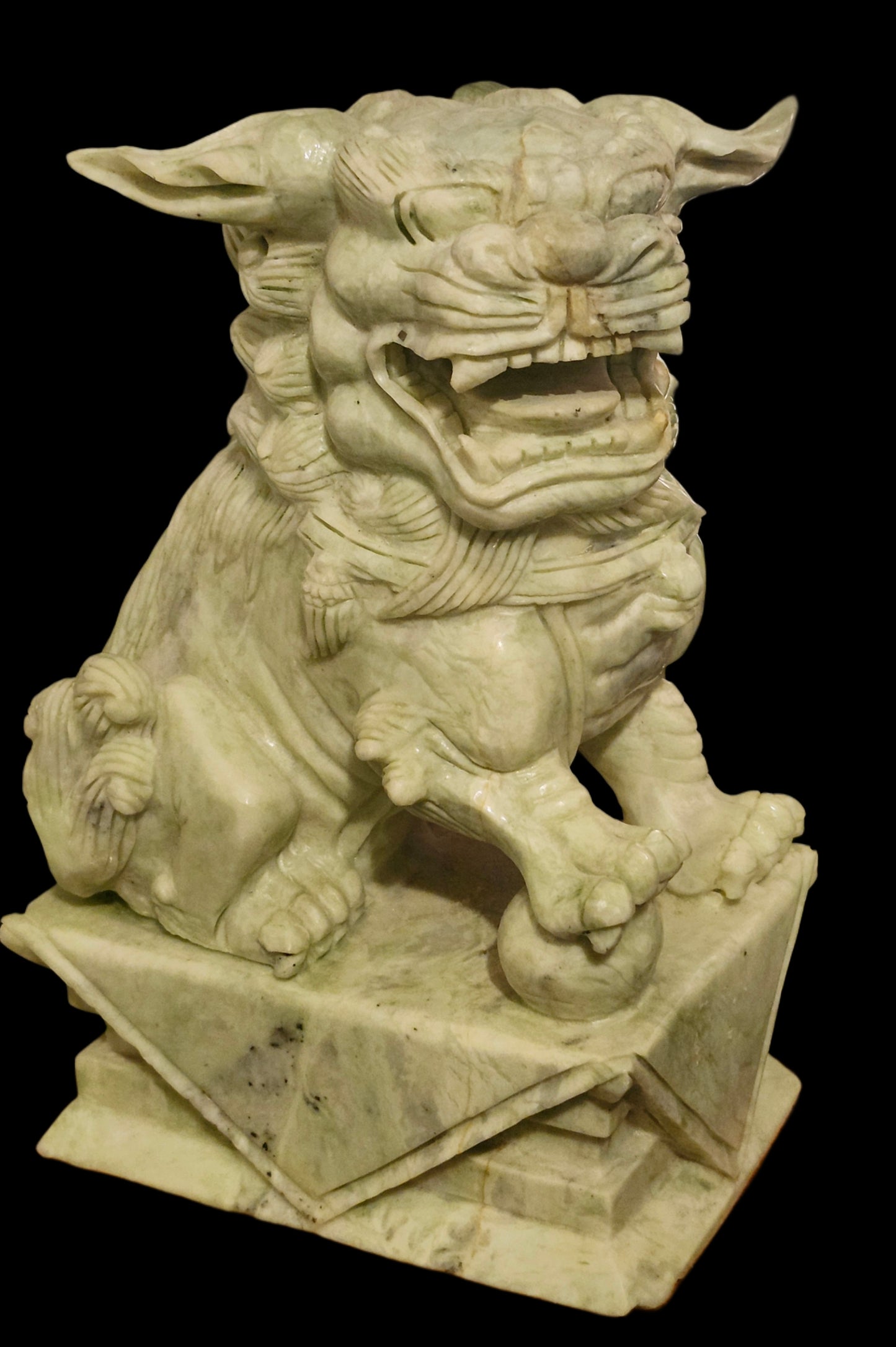 Large Pair of Vintage Carved Jade Chinese Foo Dogs with Wood Base image 1