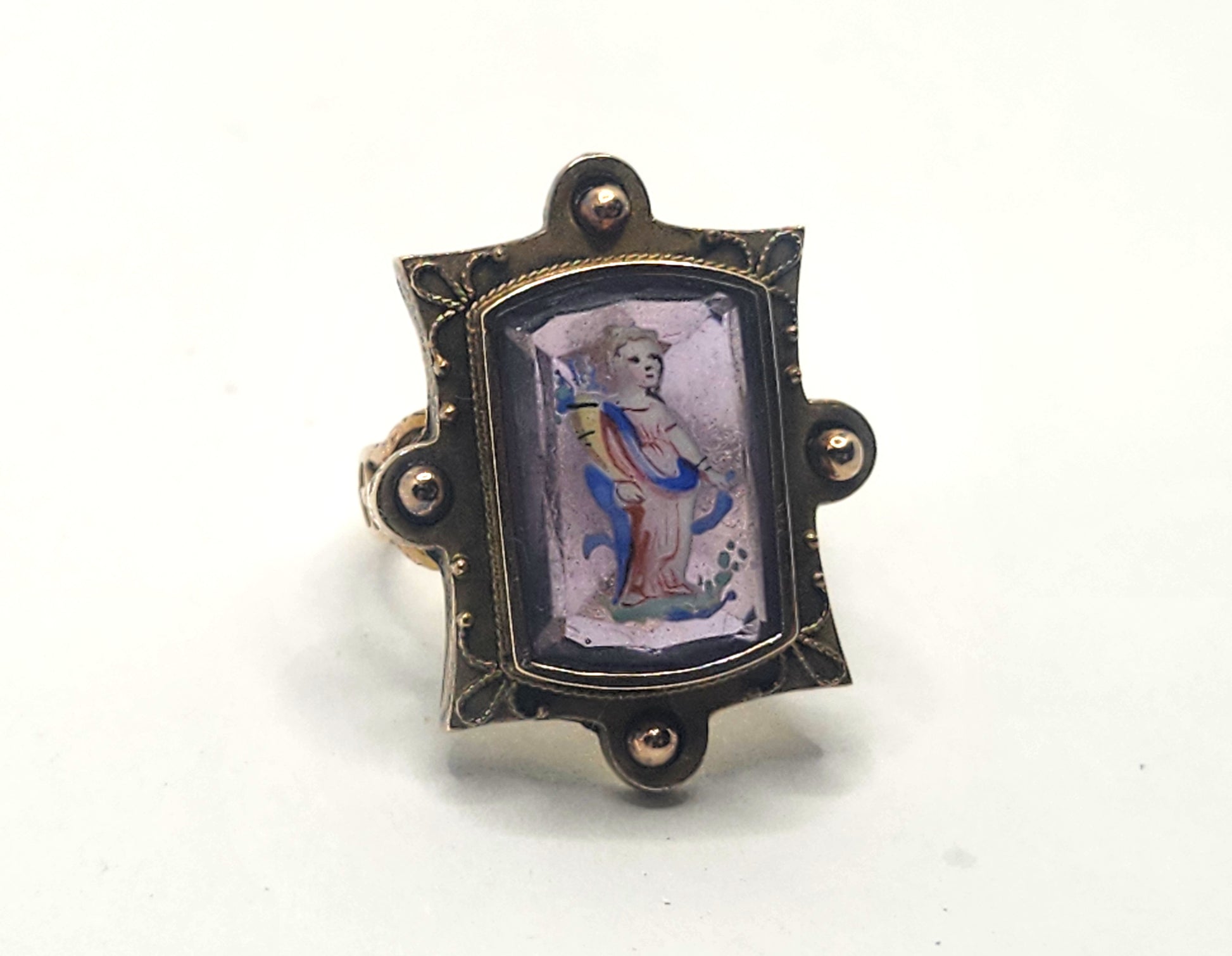 Antique Victorian Painted Portrait Cameo on Amethyst 14k Gold Ring image 0