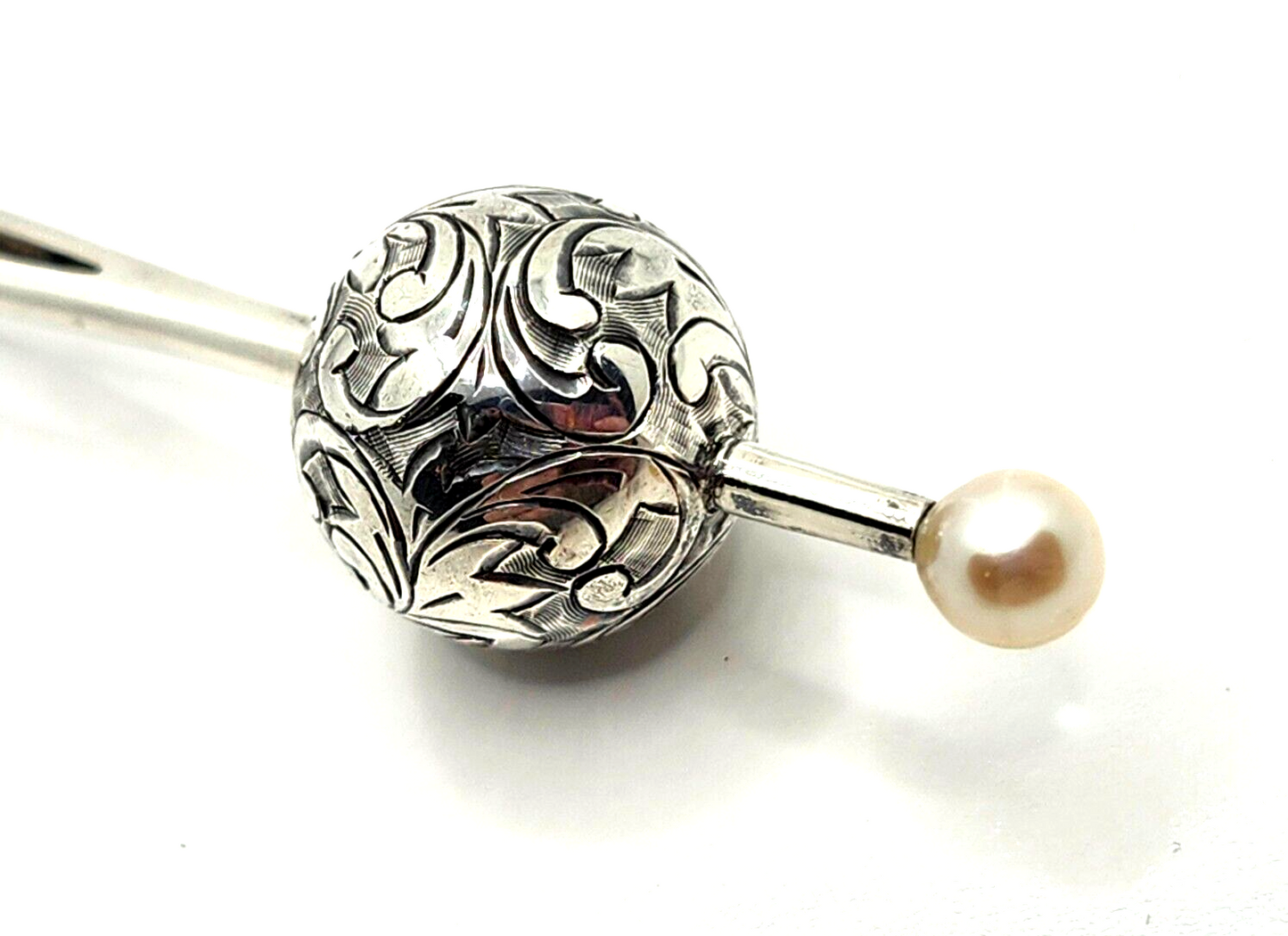 Vintage Sterling Silver & Pearl Japanese Hairpin Etched Scroll Ball image 5