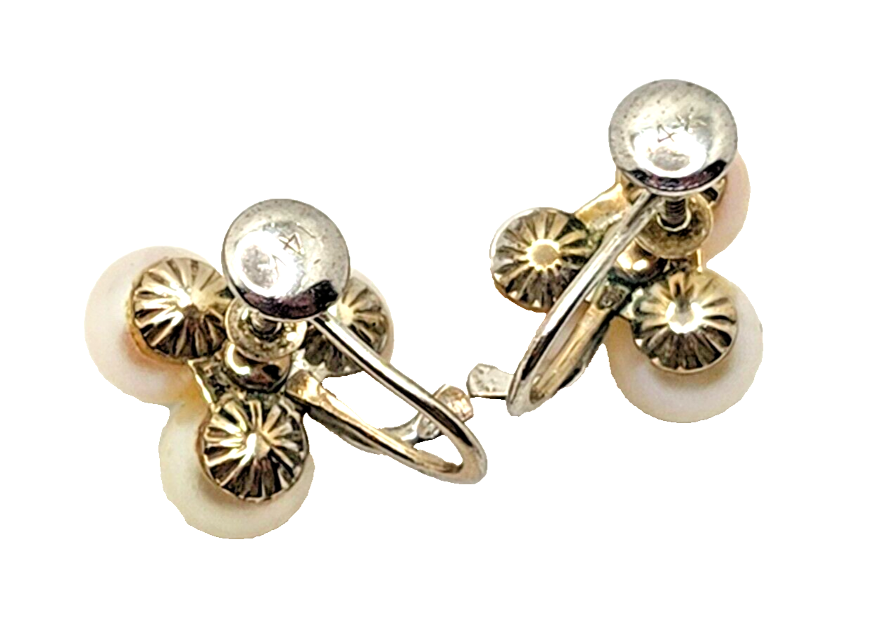 14K Triple White Cultured Pearl Three Leaf Clover & Diamond Screw Back Earrings image 5