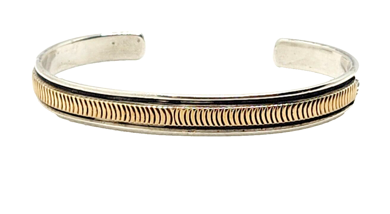Vintage Native American Navajo B Morgan Sterling Silver & 14k Gold Cuff Bracelet image 1