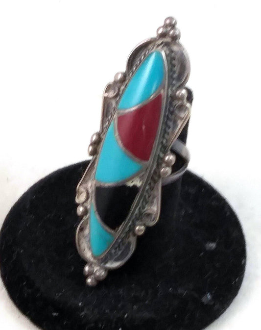Vintage Navajo Long Sterling Turquoise Onyx & Coral Inlaid Ring Signed MT image 0