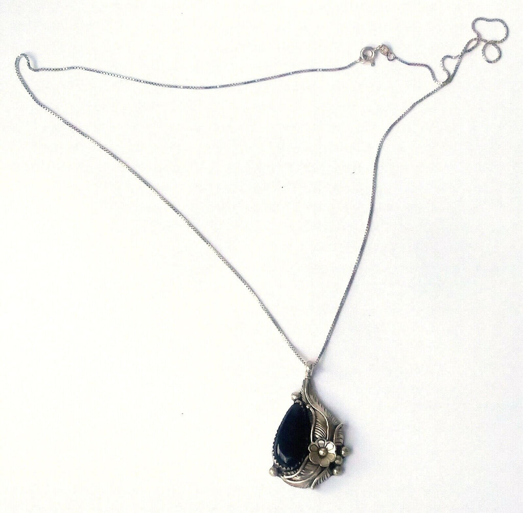 Native American Signed Sterling SIlver & Onyx Pendant with Necklace CC image 3