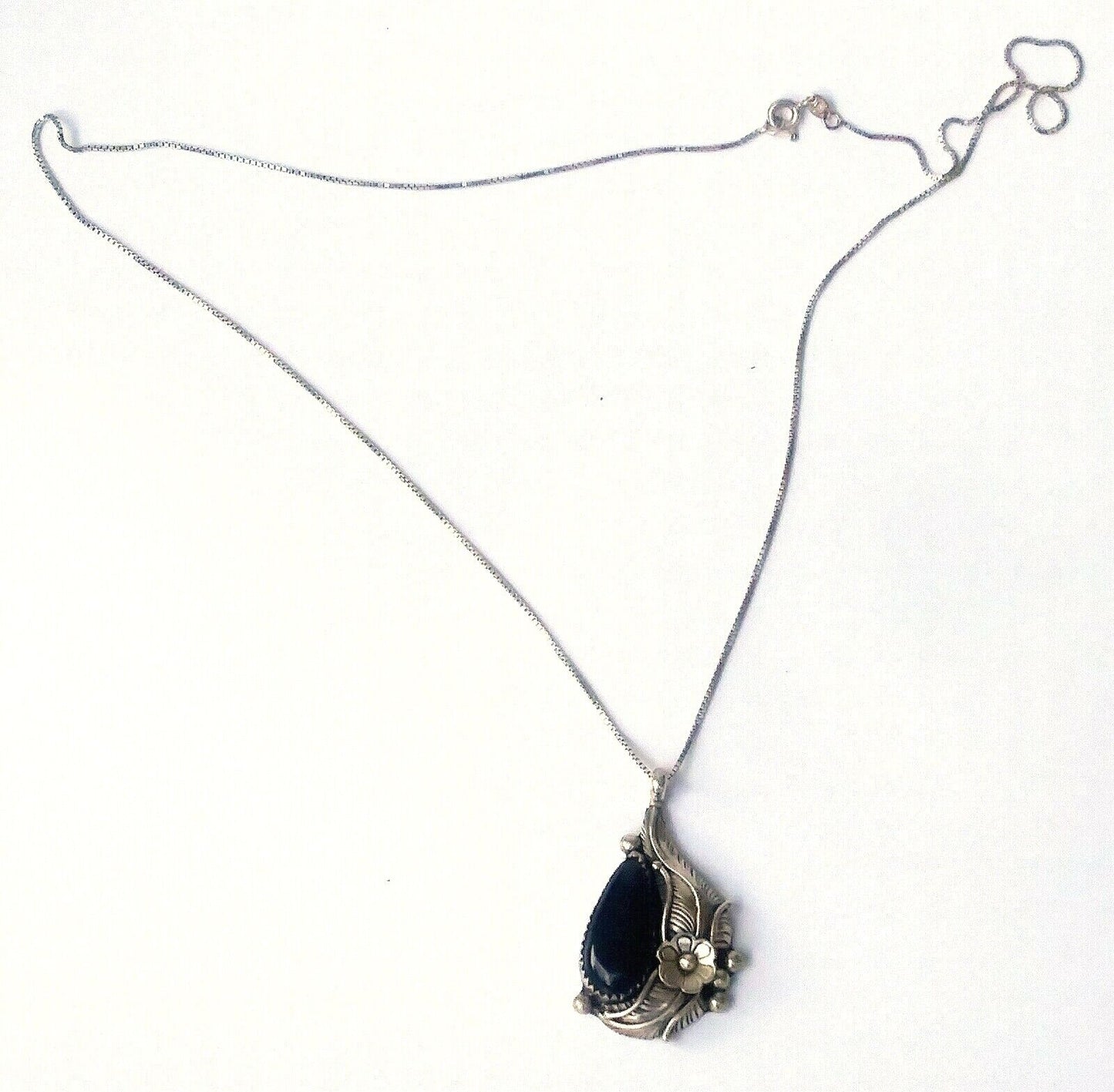 Native American Signed Sterling SIlver & Onyx Pendant with Necklace CC image 3