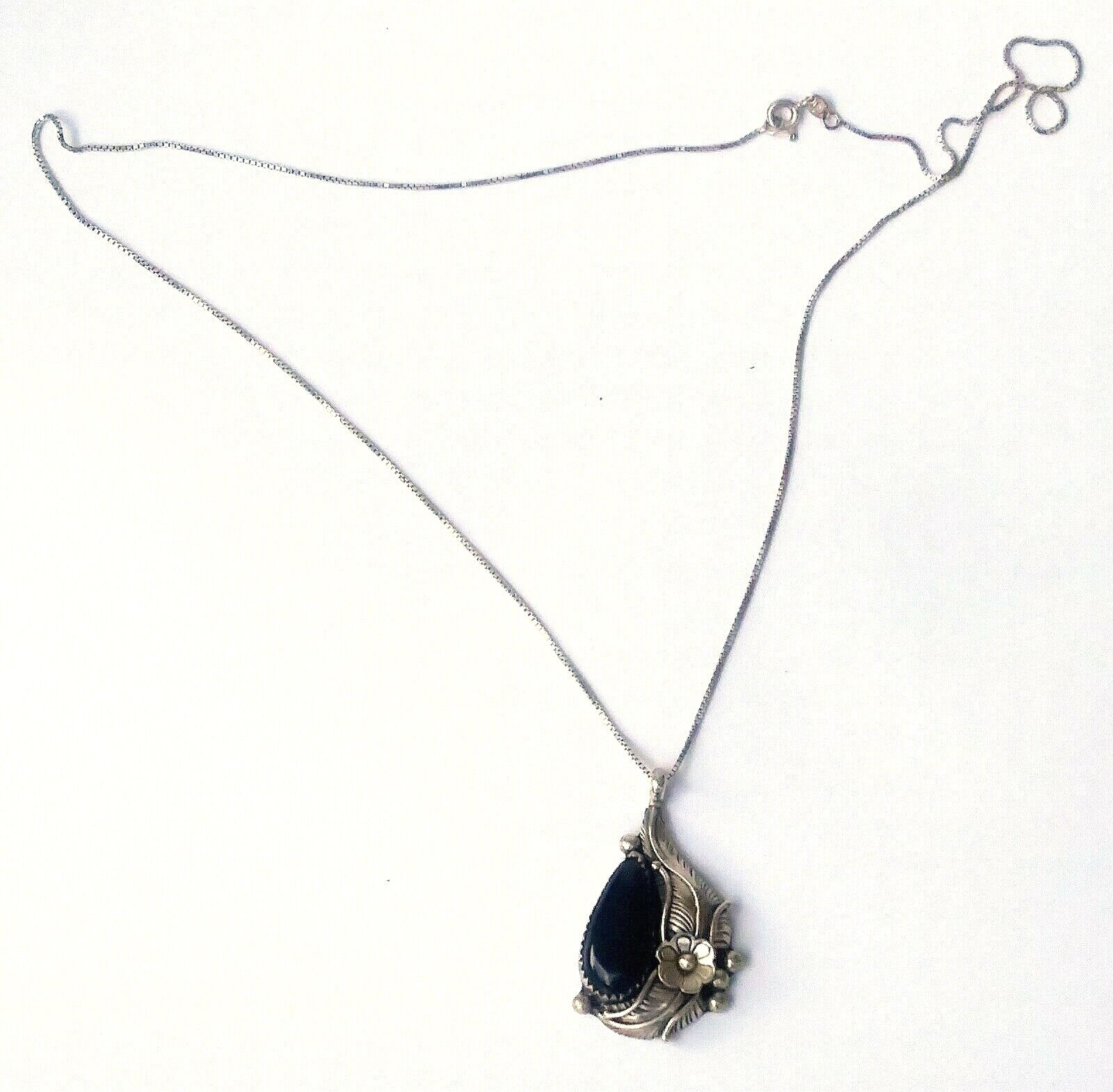 Native American Signed Sterling SIlver & Onyx Pendant with Necklace CC image 3