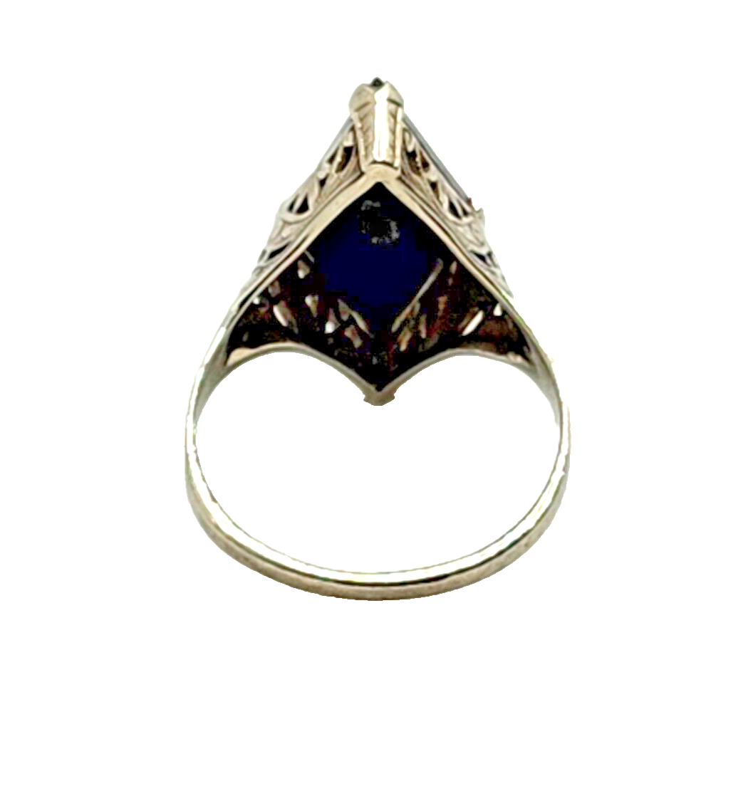 Antique Edwardian Art Deco Diamond Onyx & 14K White Gold Filigree Navette Ring image 4