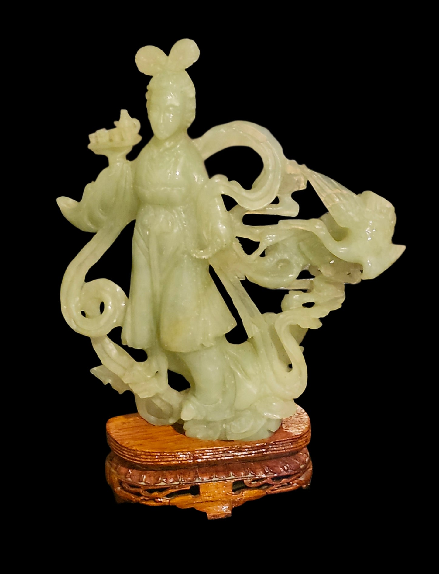 Vinatge Carved Chinese Jade Kwan Yin Geisha Statue w/ Wood Base image 0