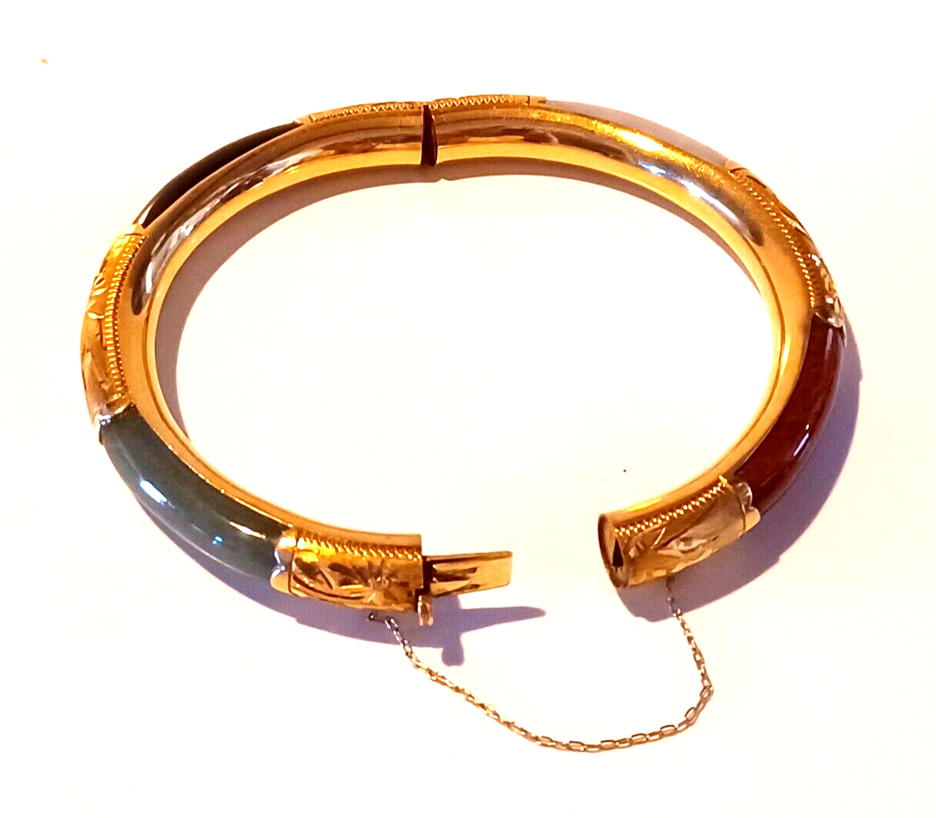 Antique 14K Yellow Gold Red, Green, White & Black Jade Bangle Bracelet image 9