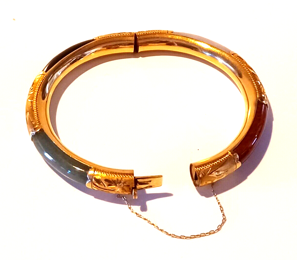Antique 14K Yellow Gold Red, Green, White & Black Jade Bangle Bracelet image 9