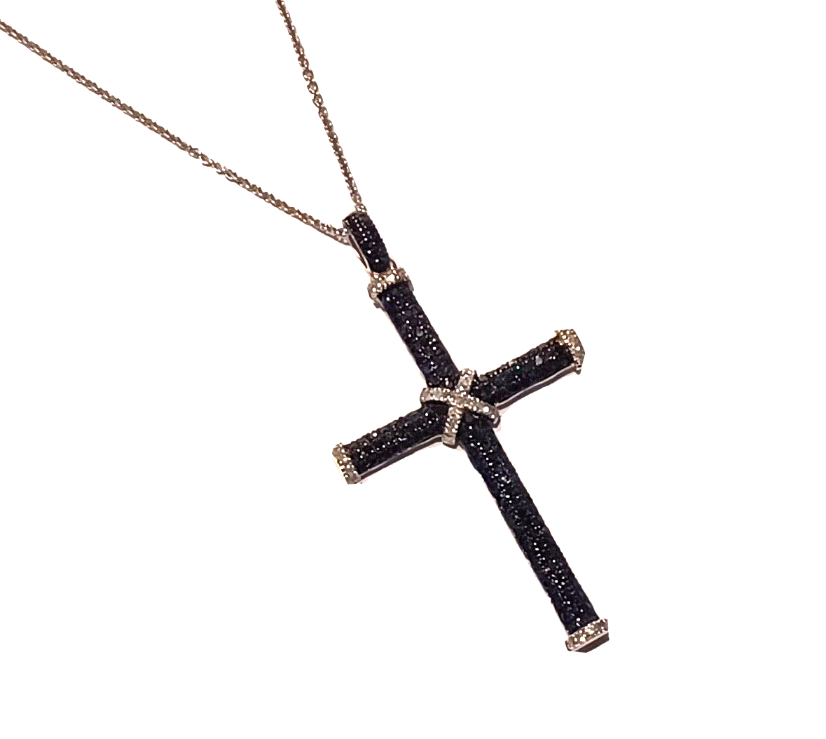Round White & Black Diamond Cross Pendant w/ Sterling Silver Chain image 0