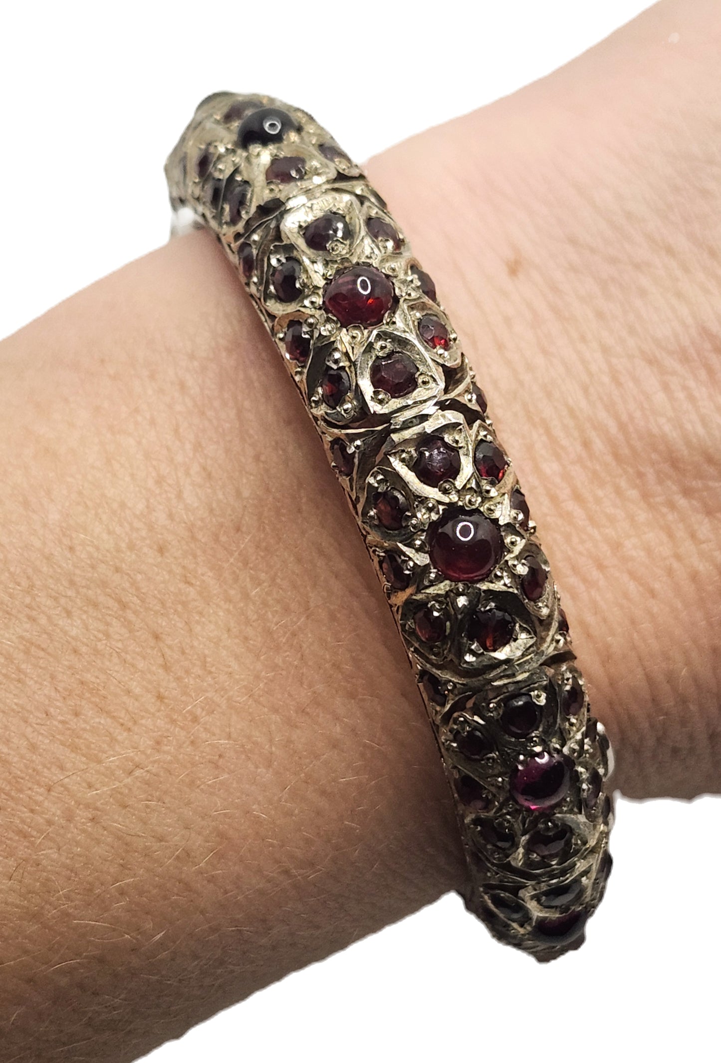Mughal Indian Sterling Silver & Garnet Hinged Bangle Bracelet image 7