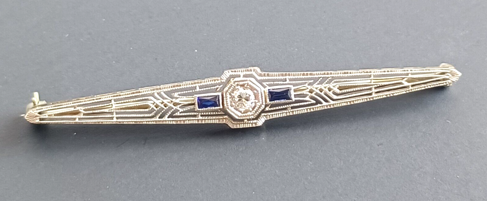 Antique Art Deco Diamond Sapphire & Platinum Bar Pin image 3