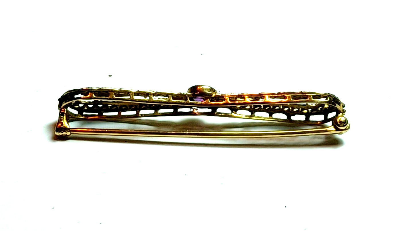 Antique Victorian .25ct Amethyst Filigree 14K Yellow Gold Bar Pin image 3