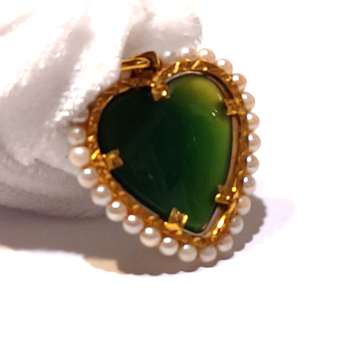 Imperial Jade Jadite Heart 18K Yellow Gold & Pearl Pendant image 2