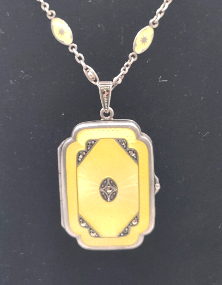 Antique Sterling Silver Guilloche Enamel Long Link Chain w/ Matching Locket image 3