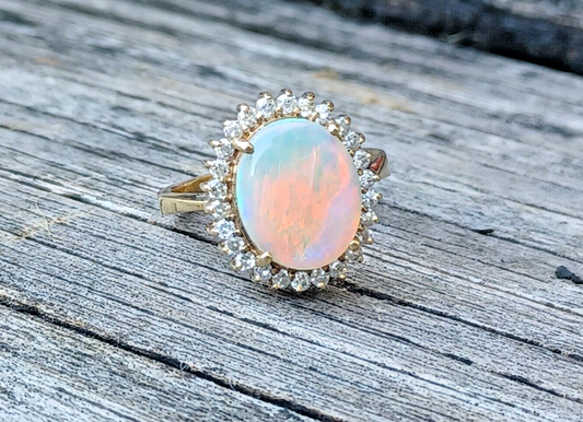 Natural Fire Opal & Diamond Halo 14K Yellow Gold Ring image 0