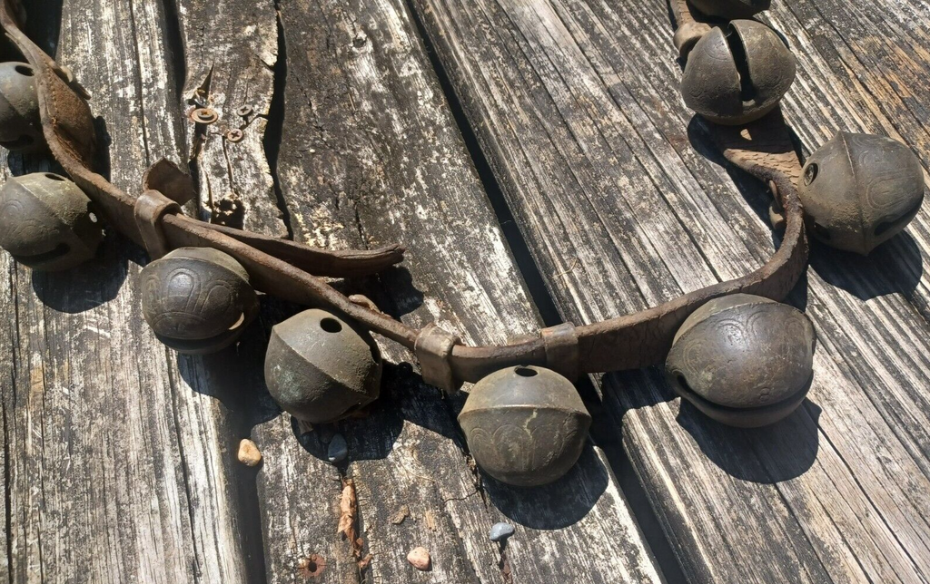 Antique Brass Engraved Sleigh Bells Numbered Original Strap 8Ft Long 24 Bells image 8