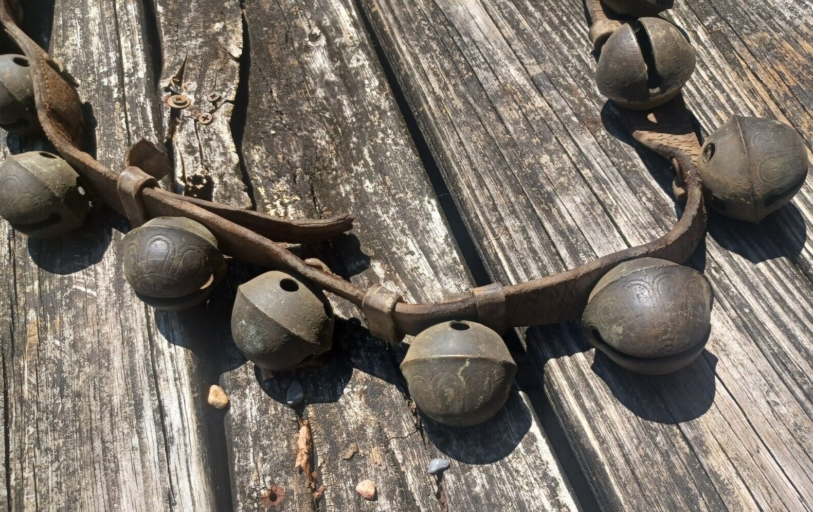 Antique Brass Engraved Sleigh Bells Numbered Original Strap 8Ft Long 24 Bells image 8