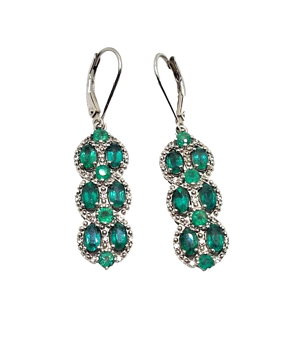 Natural Emerald & Diamond Dangle Earrings in Sterling Silver image 0