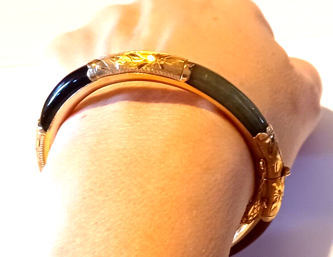 Antique 14K Yellow Gold Red, Green, White & Black Jade Bangle Bracelet image 12