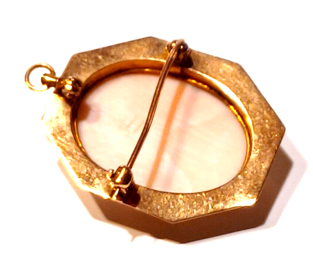 Gorgeous Antique Pin Coral Cameo & 10k Yellow Gold Scroll Pendant Pin image 10