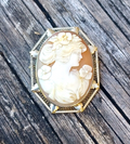Antique Victorian Carved Shell Cameo w/ Flowers 14K White Gold Pin / Pendant image 0