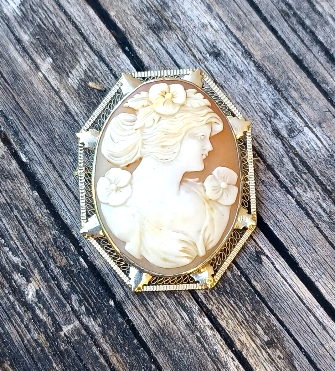 Antique Victorian Carved Shell Cameo w/ Flowers 14K White Gold Pin / Pendant image 0
