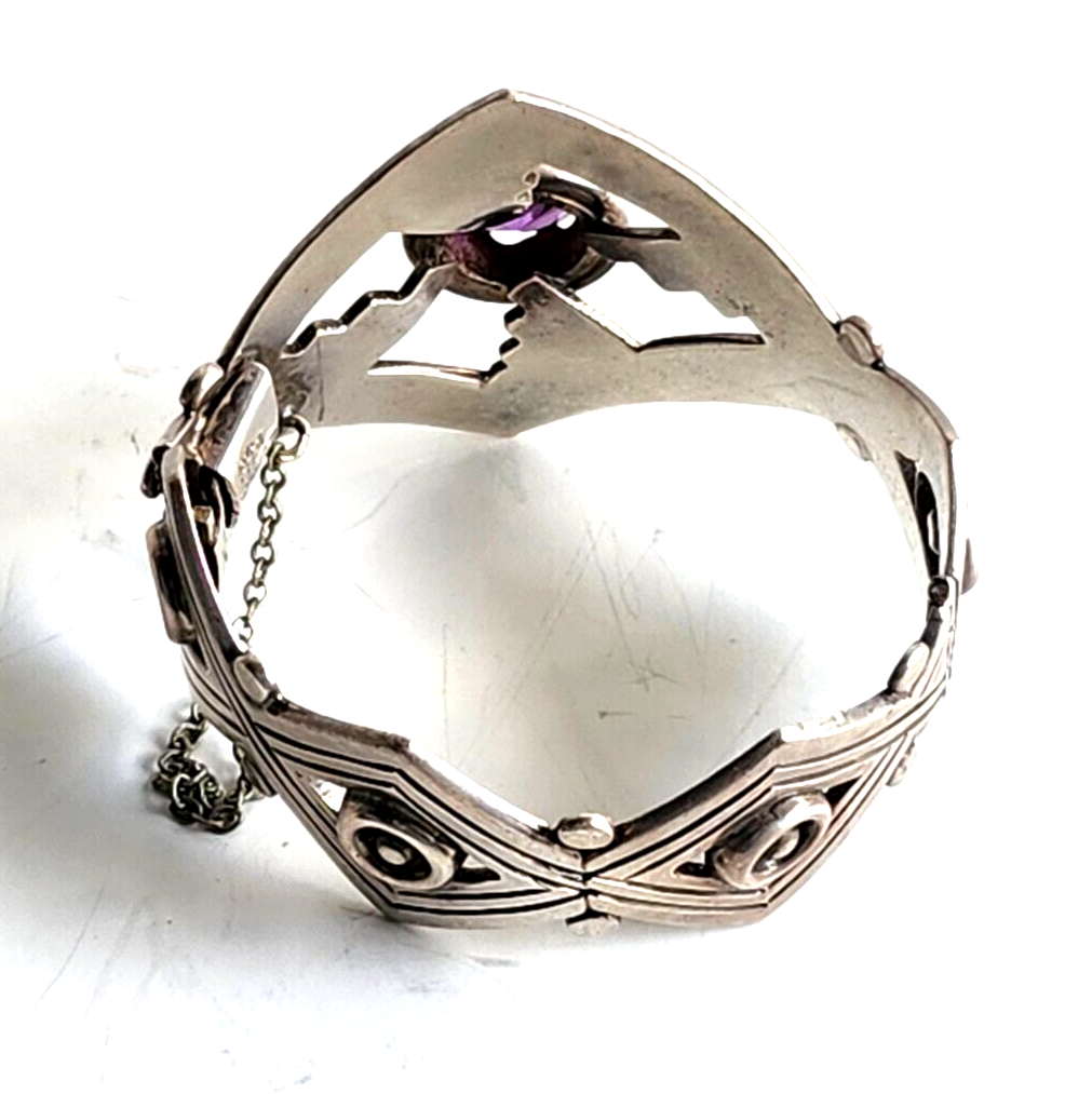 Vintage Taxco Mexico Sterling & Amethyst Chunky Hinged Bangle Bracelet Signed image 6