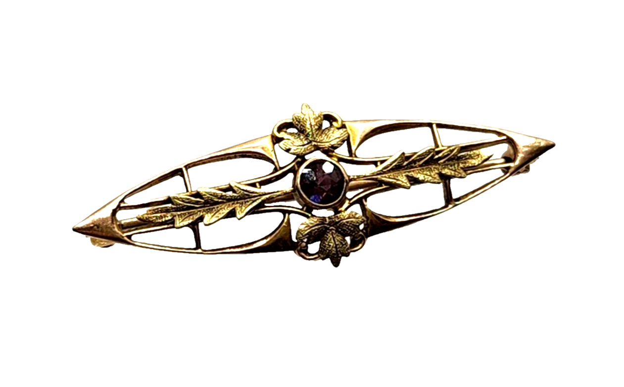 Antique Edwardian 10k Yellow Gold Amethyst Bar Pin image 0