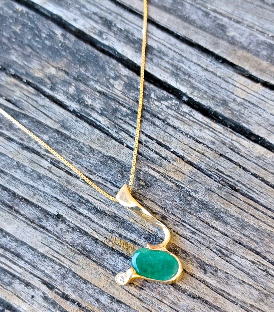 Estate Custom 1.65ctw Emerald & Diamond 14k Gold Pendant w/ Box Chain image 2