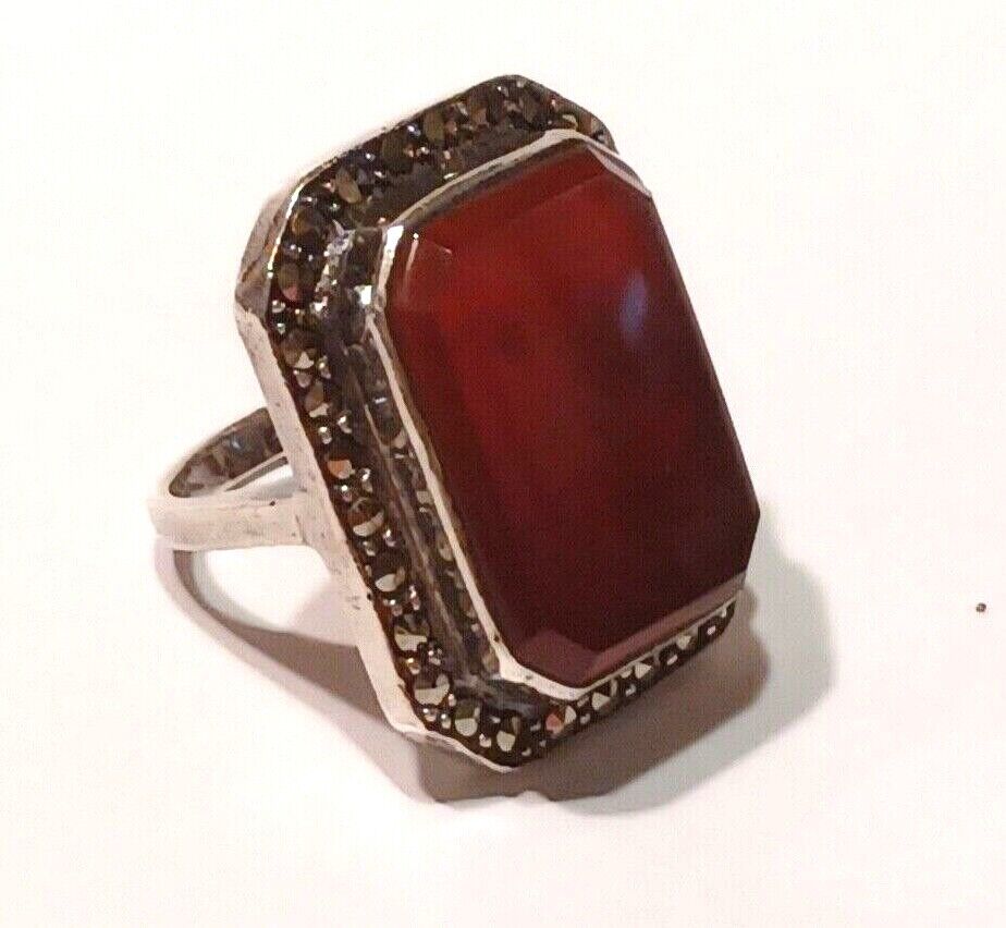 Antique Vintage Carnelian & Marcasite Sterling Silver Ring image 4