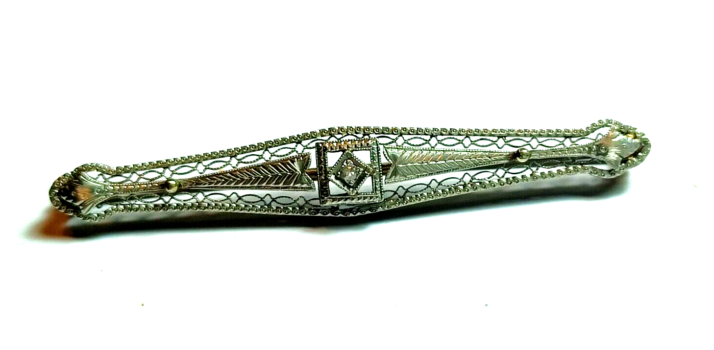 Antique Victorian .10ct Diamond Filigree Two Tone 14K Gold Bar Pin image 1