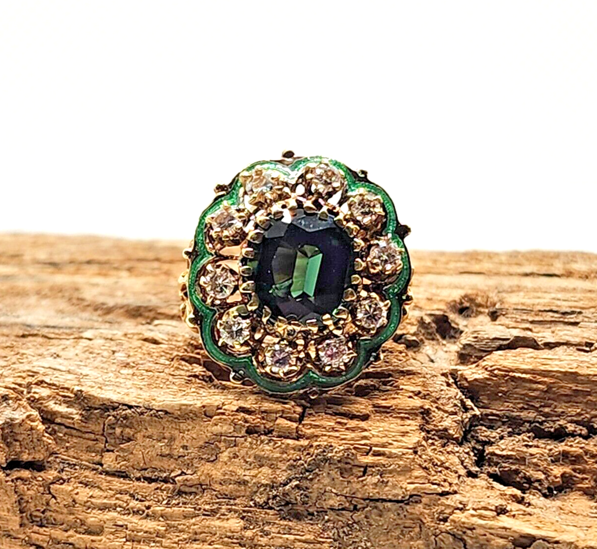 Green Zircon, Diamond Halo & Enamel Scroll Fleur-de-Lis 14k Gold Cocktail Ring image 5