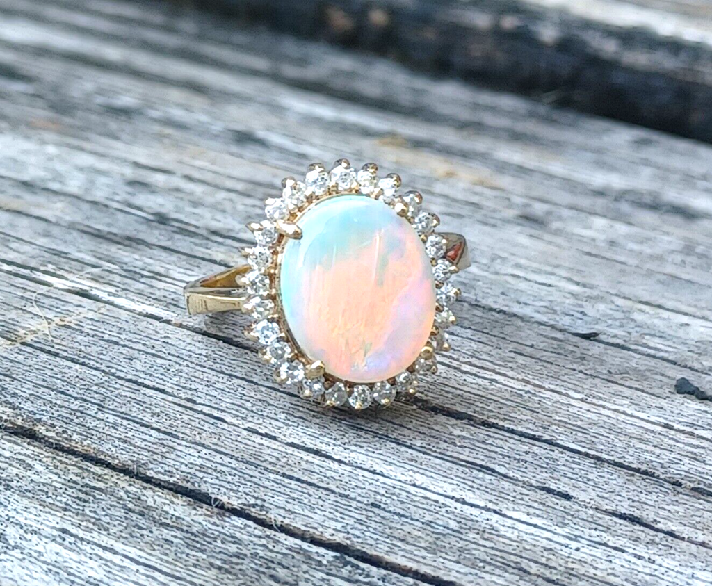 Natural Fire Opal & Diamond Halo 14K Yellow Gold Ring image 8
