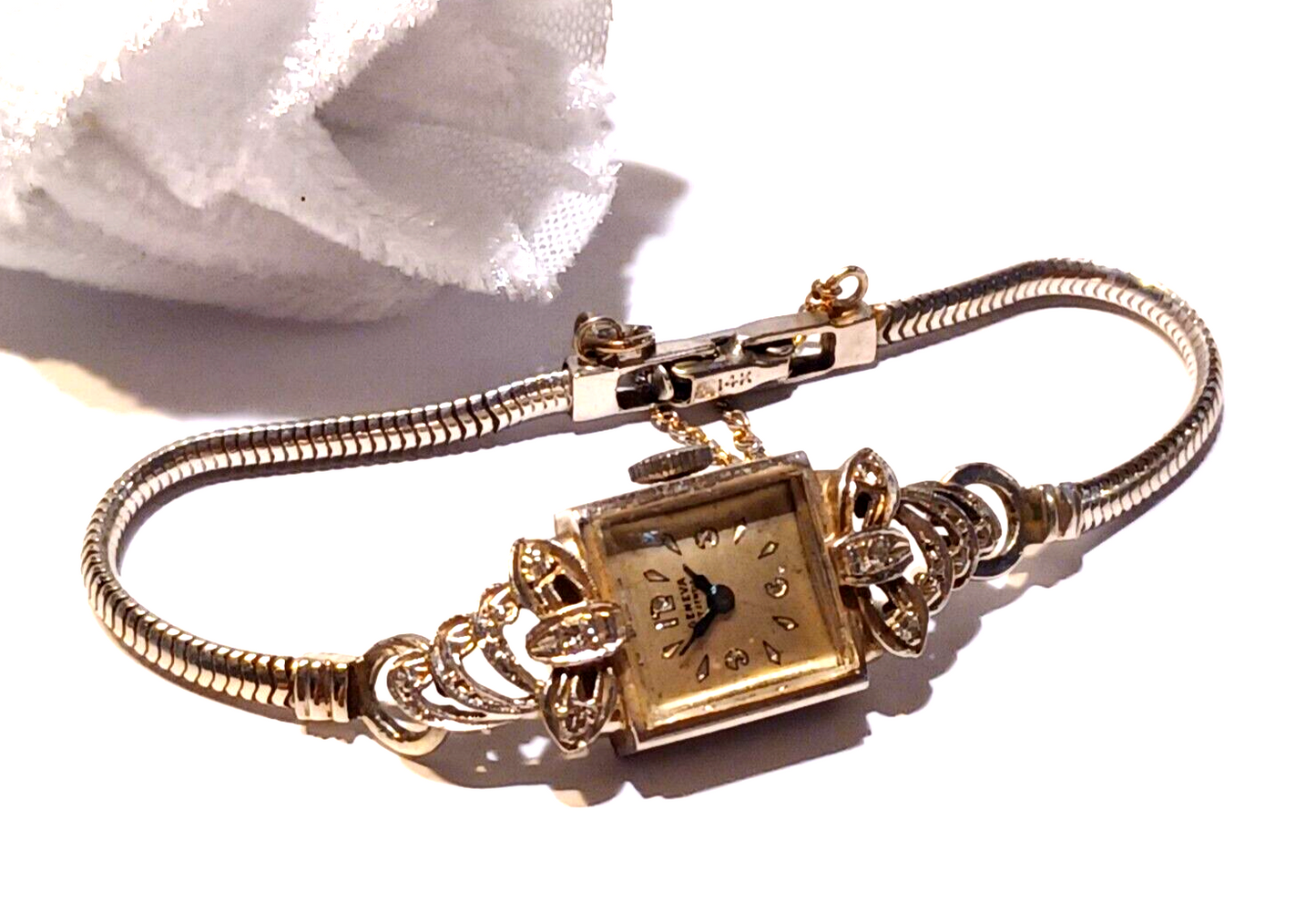 Antique Diamond Ladies Geneva 17J Manual Wind 14K White Gold Watch & Band image 1