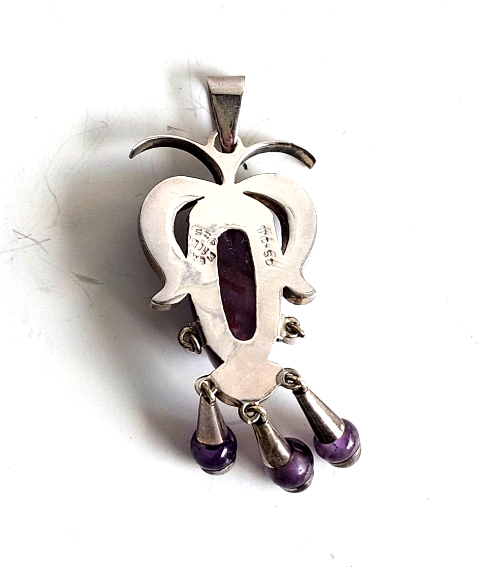 Taxco Mexico Sterling Silver Amethyst Aztec Mayan Tribal Carved Mask Pendant image 5